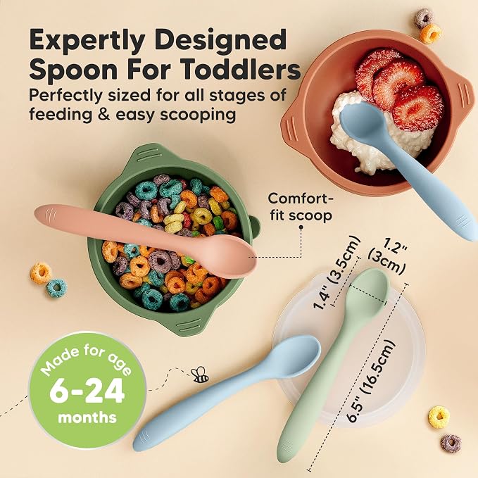 KeaBabies 3-Pack Silicone Baby Spoons and 2-Pack Baby Silicone Bibs - Toddler First Food Training Spoon - Waterproof, Easy Wipe Bib for Boys, Girls, Toddlers