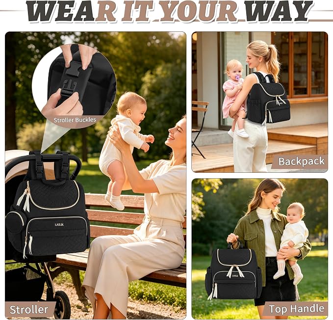 Diaper Bag Backpack, 22L Large Quilted Small Baby Bag with Changing Pad & Pacifier Case, Stroller Hooks, Easy-Access Baby Essential, Maternity Travel Backpack Unisex, Black