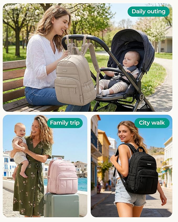 BAGSMART Diaper Bag Backpack, Multi-Pocket Puffy Diaper Bag with Waterproof Changing Pad, Lightweight Stroller-Friendly Diaper Bag with Insulated Pockets, Easy-Access Baby Essential, Black