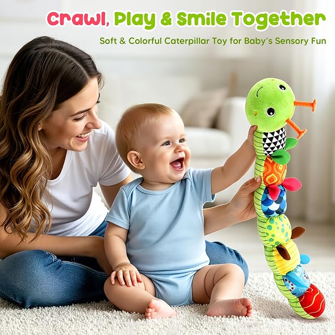 Baby Sensory Toys 0-6 6-12 Months, Stuffed Musical Caterpillar Animal Toys for Babies 3-6 Months with Rattles Crinkle Squeaker, Infant Tummy Time Toys for Newborn Baby Boy Girl Gifts, Green