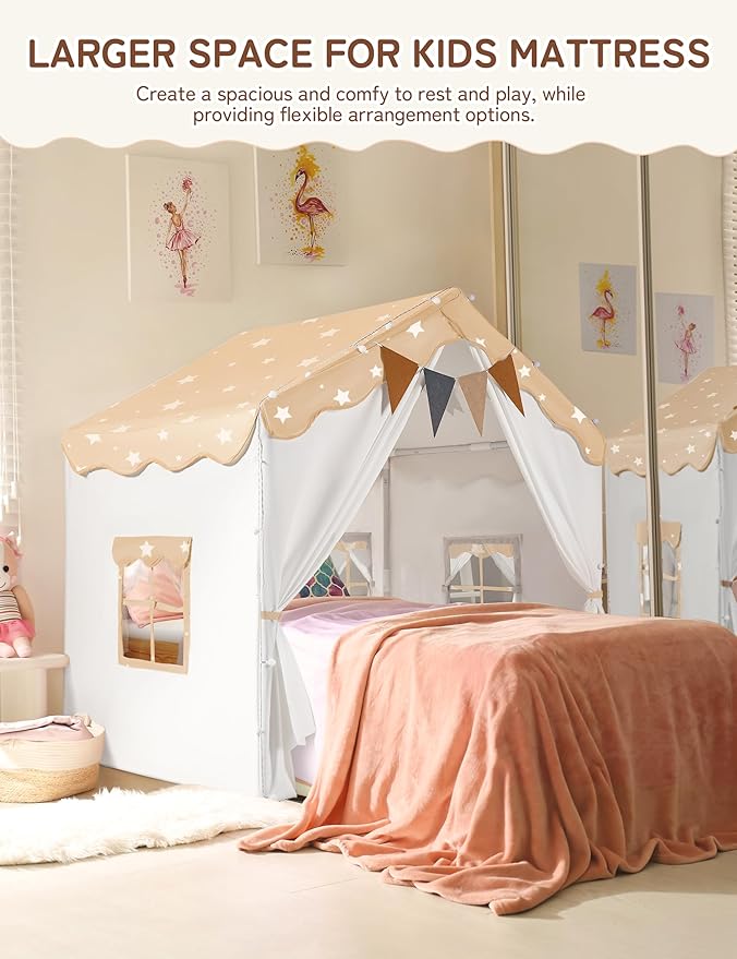 besrey Kids Play Tent 2 in 1 with Padded Mat and Lights, Large Kids Playhouse with 2 Doors & 4 Windows, Indoor & Outdoor, Christmas Toddler Tent, 51" x35" x 51" (White with Star)