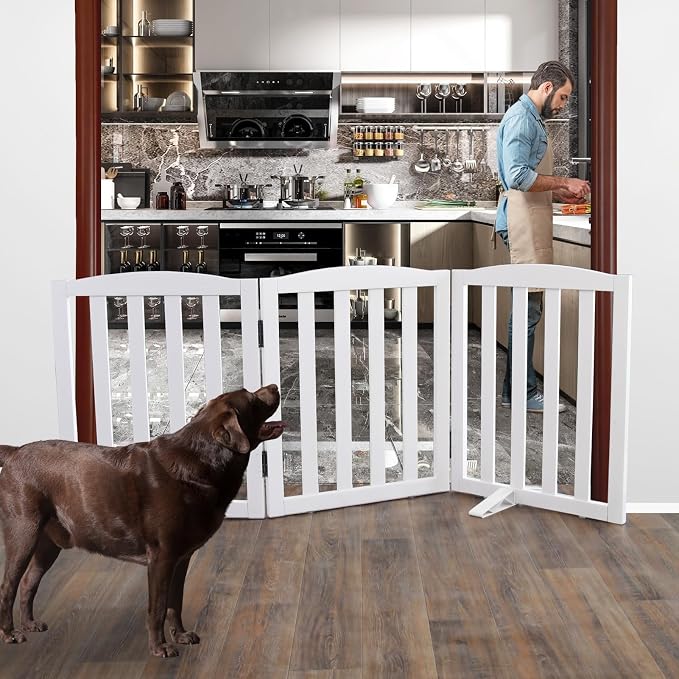 ZJSF Foldable Freestanding Indoor Dog Gate for House Wood White Long Pet Gates Dog Fence for Stairs Puppy Gates for Hallways,Pet Fence, Puppy Gate,Support Feet Included 24 "Height-3 Panels