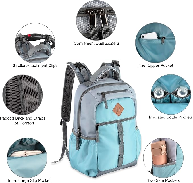 Baby Essentials Two Tone Diaper Bag Backpack with Portable Changing Pad, Stroller Straps, Insulated Bottle Pocket, 2 Pc Set (Teal)