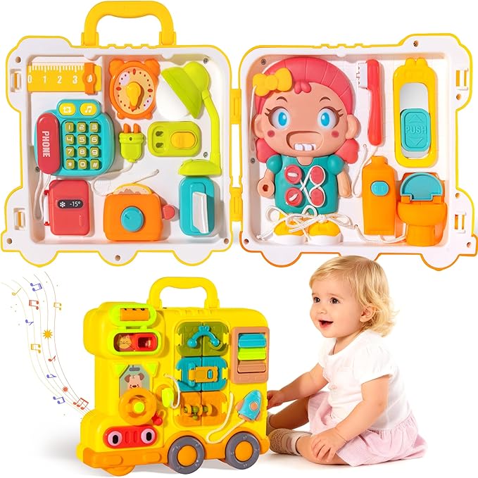 Montessori Busy Board for 1-2 Year Old Girl Gift, Musical Montessori Toys for 1 Year Old, Early Educational Toy for Toddler 1-3, Christmas, Birthday Gift for 1+ Year Old Baby Girl