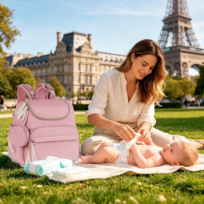 Diaper Bag Backpack, 22L Large Quilted Small Baby Bag with Changing Pad & Pacifier Case, Stroller Hooks, Easy-Access Baby Essential, Maternity Travel Backpack Unisex, Pink