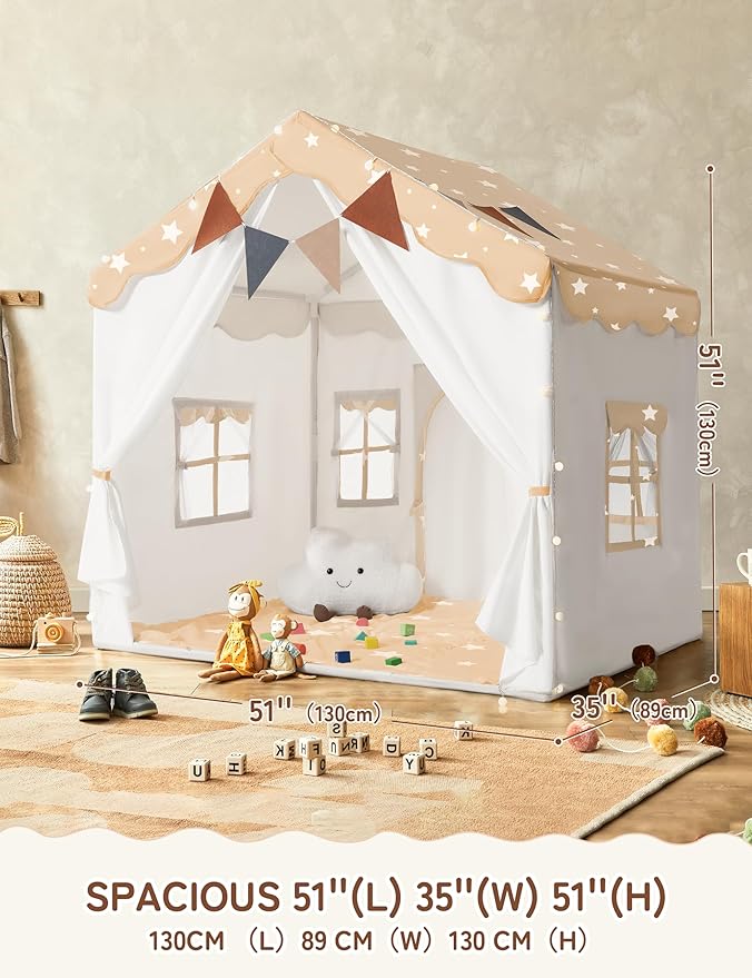 besrey Kids Play Tent 2 in 1 with Padded Mat and Lights, Large Kids Playhouse with 2 Doors & 4 Windows, Indoor & Outdoor, Christmas Toddler Tent, 51" x35" x 51" (White with Star)