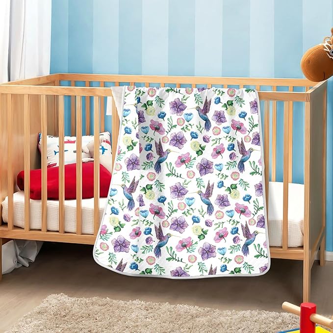 Ollabaky Floral Hummingbird Baby Blanket for Boys Girls, Cotton Toddler Newborn Swaddle Blanket for Stroller Crib Nursery Receiving Blanket Infant Unisex 30"x40"