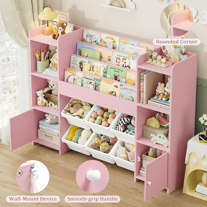 FINETONES Toy Storage Organizer with 6 Toy Bins, Toy Organizer Kids Bookshelf with 6 Cubbies, Toy Organizers and Storage Bins, Playroom Storage and Toy Chest, Pink