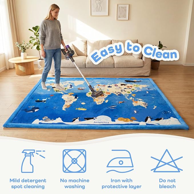 1.5" Thick Educational Large Baby Floor Play Mat 79x118, Flannel Padded Memory Foam Kids Mat, Non-Slip Plush Playmat for Nursery Playroom Classroom (World map)