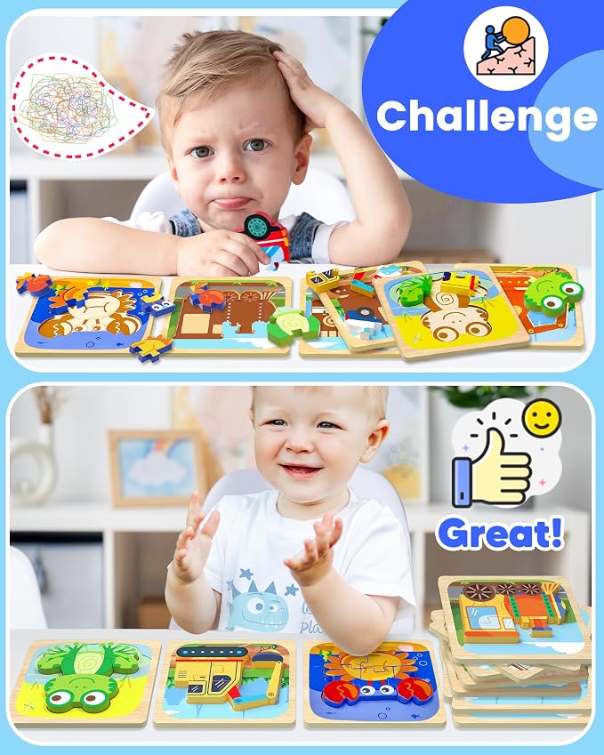Benresive Wooden Toddler Puzzles for Boys Girls Age 1 2 3, 12 Pack Montessori Vehicle Animal Toys, Educational Preschool Learning Toys, Great Birthday Gifts for Toddlers
