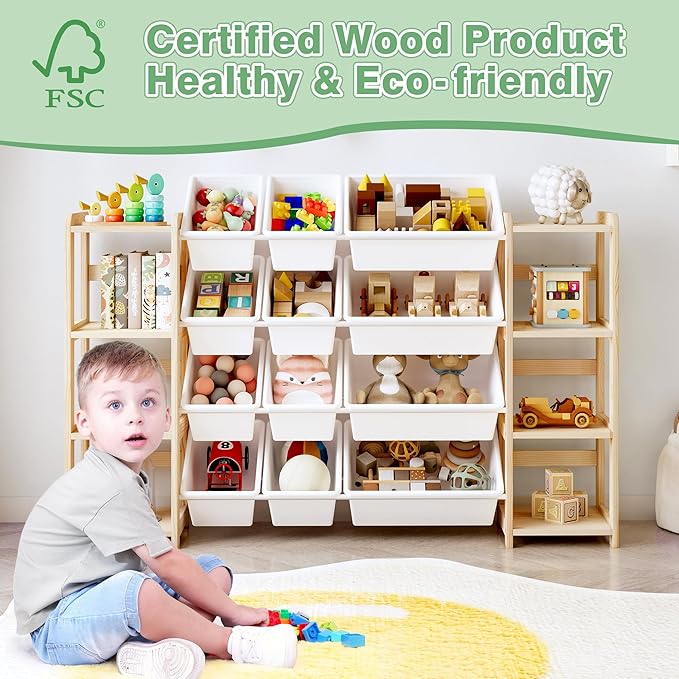 MallBest Extra Wide Toy Storage Organizer with 12 Bins and Dual Bookshelves ??Solid Pine Wood Kids Toy Shelf and Bookcase for Bedroom, Nursery, or Montessori Playroom, (Natural)