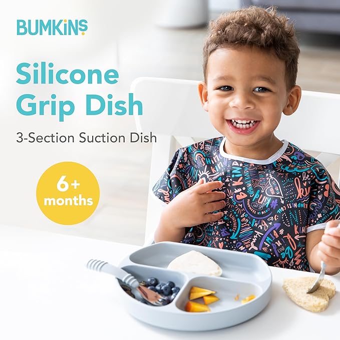 Bumkins Toddler and Baby Suction Plate, Divided Grip Dish for Babies and Kids, Baby Led Weaning, Feeding Supplies, Sticks to Tables and Highchairs, Platinum Silicone, for Chidren 6 Months, Gray
