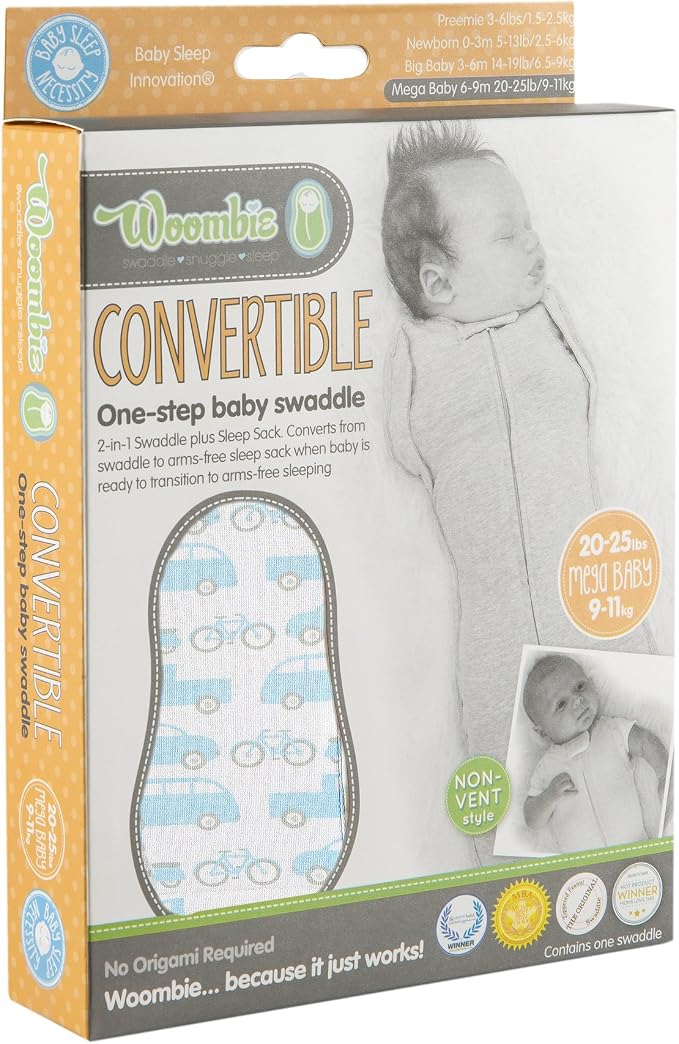 Woombie Convertible Nursery Swaddling Blanket - Swaddle Converts to Wearable Blanket for Babies Up to 3 Months - Vented (Beep Beep, 5-13 lbs)