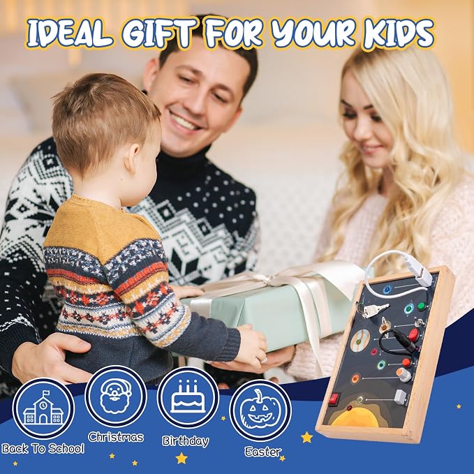 Adena Montessori Solar System Busy Board for Toddlers - Wooden Sensory Activity Toys with LED Light Switch, Travel Toys for 1-6 Year Old Boys & Girls Gifts, Educational Board for Fine Motor Skills