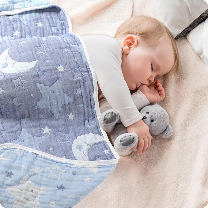 Cotton Muslin Baby Blankets Organic Comforter Reversible Neutral 6-Layer Soft 43.3"x41.3" for Newborn Infant Toddler Boys Girls, Daycare Receiving Swaddle Throw Quilt, Nursery Crib Bassinet Blanket