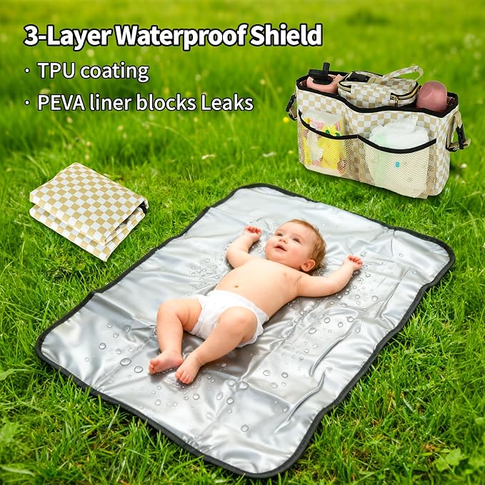 Universal Parent Console Stroller Organizer with Removable Cooler Bag & Changing Mat, Extra Large Wagon Caddy Accessories Fit for Wonderfold W4, Keenz, Jeep, Graco, Double Strollers (Checkerboard)
