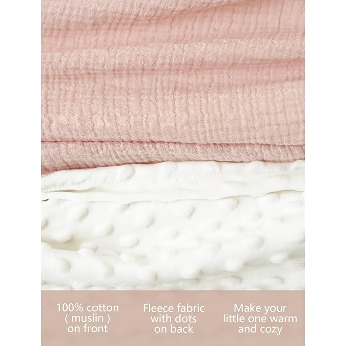 Konssy Baby Blankets for Unisex Boys Girls, Super Soft Nursery Minky Blankets with Muslin Cotton Front and Dotted Fleece Backing, Printed Bed Throws Newborn