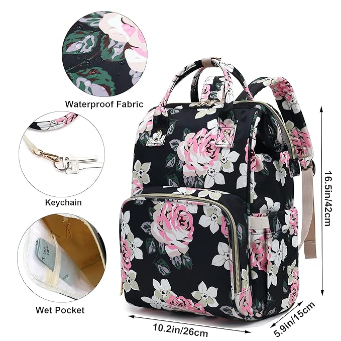 Floral Diaper Bag Backpack for Baby Girls, Mom Waterproof Large Nappy Bags for Women (Flowers)
