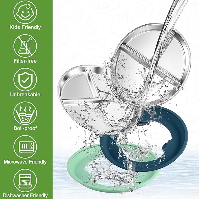 BUSOHA 3 Pack Stainless Steel Kids Plate Set - 9??Divided Toddler Baby Plates with Silicone Sleeves with Suction 2-in-1 Anti Breakage Metal Toddler Bowls Microwave Dishwasher Safe