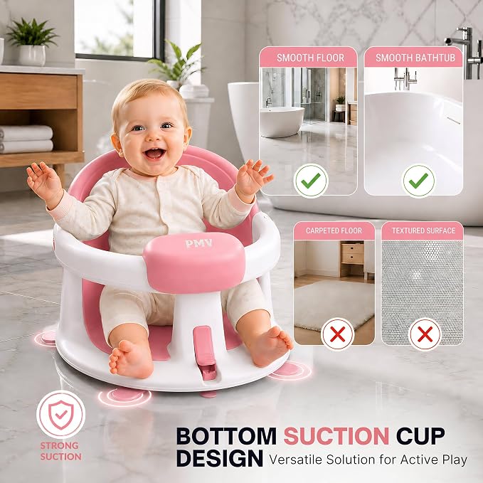 PMV Baby Bath Seat for Sitting Babies, Non-Slip Baby Bath Chair with 3 Suction Cups, Safe & Comfortable Toddler Bath Support Seat for Bath/Shower Use, Stable Design, Gray (6–24 Months) (Pink)