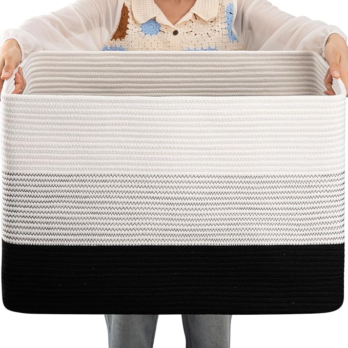 OIAHOMY 108L Large Cotton Rope Basket, Rectangle Woven Baskets for Storage, Nursery Blanket Storage Living Room, Toy Basket With Handle-25?�x16?�x16??Gradient Black