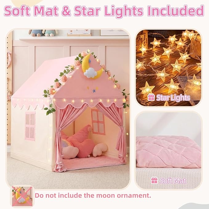 Kids Tent for Grils Indoor: with Mat, Star Lights - Pink Play Tents for Kids Indoor Playhouse - Princess Tent for Playroom Gift for Girls Birthday (Pink W/Cloth)