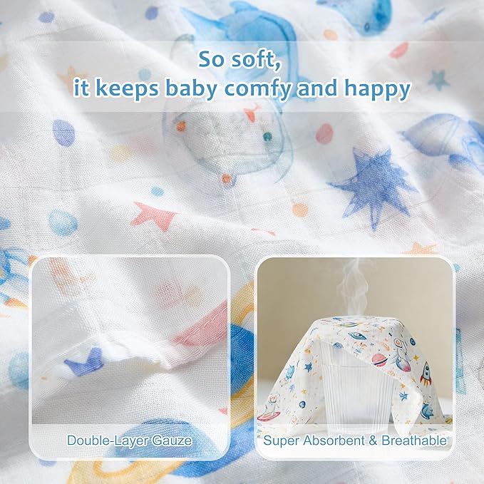 Muslin Swaddle Blankets for Newborn, 4 Pack Large 47"x47" Soft Breathable Bamboo Cotton Baby Blanket, Lightweight Receiving Blanket for Boys and Girls, Little Space Explorer