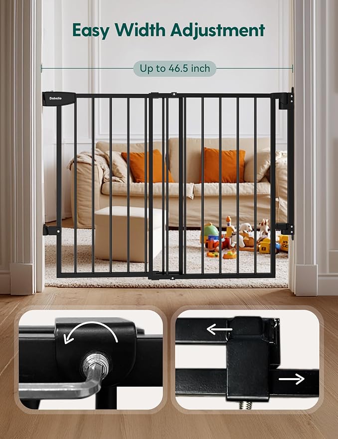 Babelio 29.7-46.5" No Bottom Bar Baby/Dog Gate for Stairs, House and Doorways, Auto Close Safety Pet Gates with Large Walk Thru Door, Hardware Mount, Black