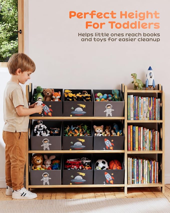 Toy Storage Organizer with 3 Shelves and 9 Bins, Black Starry Sky Bookshelf and Bookcase for Kids, Playroom Toy Bin Shelf for Bedroom & Room, 41.9" W