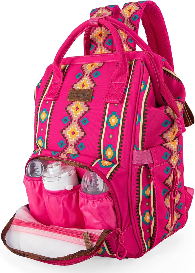 Wrangler Aztec Backpack Organized Daypack Travel Baby Bag with Stroller Strap and Side Bottle Pockets WG2204-9110HPK