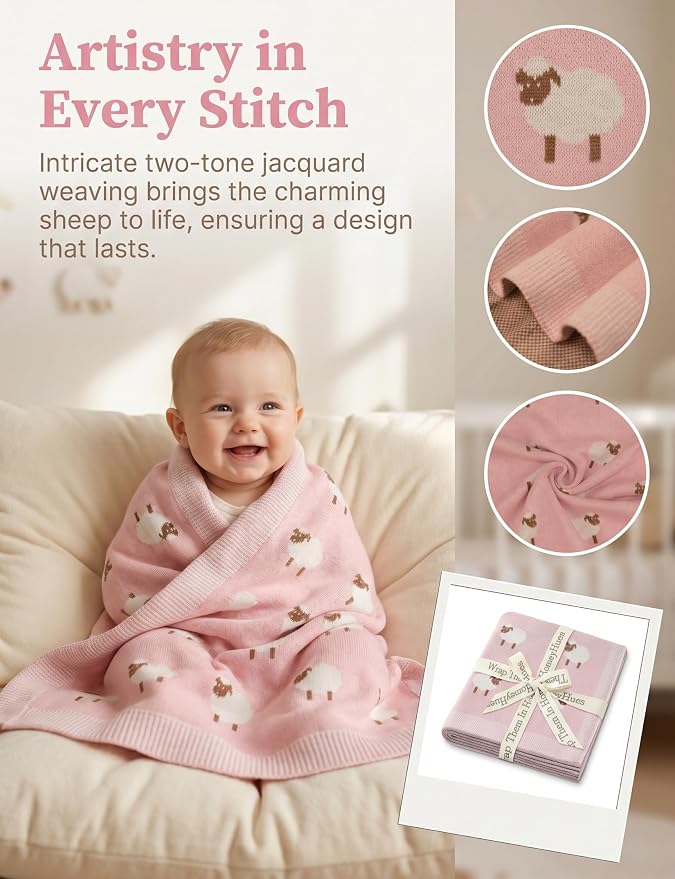 Organic Cotton Baby Blanket - Soft Luxury Knit Receiving Blanket for Newborns & Toddlers, Cozy Breathable Stroller Blanket with Pattern, Unisex, 30x40Inch（Sheep-Pink）