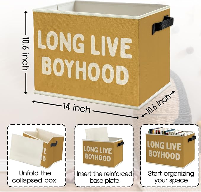 Long Live Boyhood Boys Storage Bins Box with Handles, Yellow Pattern Collapsible Basket Organizer for Kids Teen Boy Nursery Room Bedroom Bathroom Playroom Toys Books Clothes