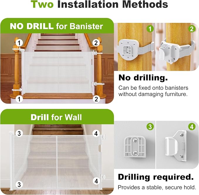 Reinforced Retractable Baby Gate for Stairs & Banister, 55" Wide Mesh Dog Gate, One-Handed Dual Lock Safety Gate for Kids & Pets, Fits Round & Square Posts (White)