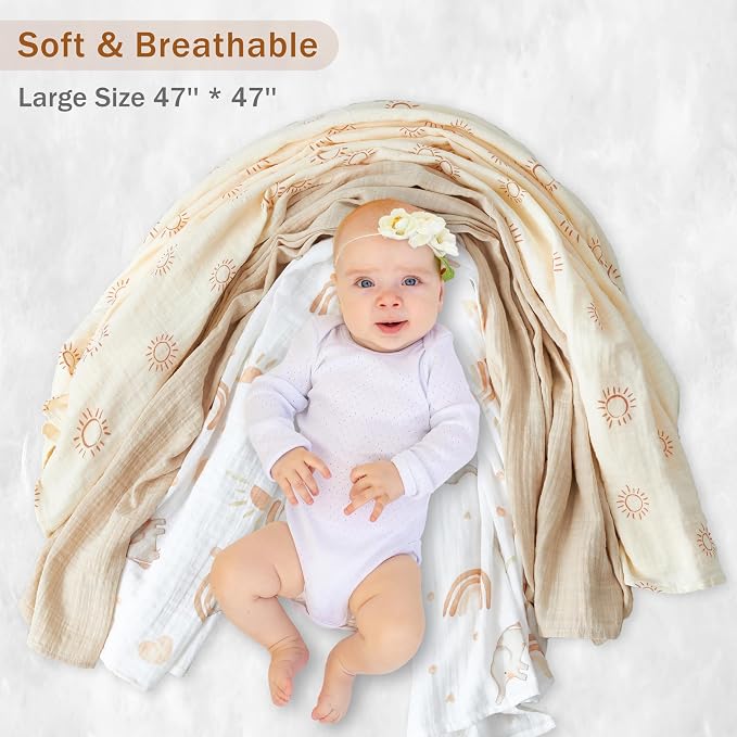 3-Pack Muslin Swaddle Blankets 47x47-100% Cotton Breathable Receiving Blankets for Newborn Baby, Soft Swaddling Wraps, Sunny Elephant Parade