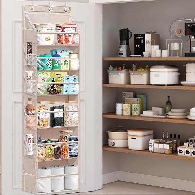 Over Door Organizer with 6 Extra Large Pockets 12 Side Pockets, Sturdy Closet Storage Rack, Hanging Storage Organizer with Clear Window for Shoes, Diaper, Bedroom, Bathroom, Beige, 6-Pack