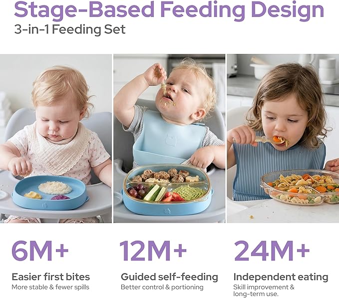 PPSU 3-in-1 Baby Plates with Suction - Premium Stage-Based Design Silicone Toddler Divided Dishes 6M-3Y, Bottle-Grade, BPA Free Odor & Stain Resistant Self-Feeding Plate, Microwave Dishwasher Safe
