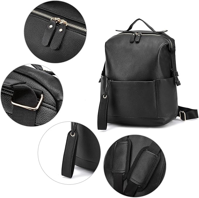 Diaper Bag Backpack Leather Backpack for Women Travel Dad Mother Outdoor Backpack with Changing Pad Stroller Straps(2 pieces) Khaki