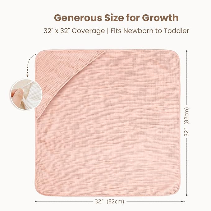 Konssy 2-Pack Muslin Hooded Baby Towels, 100% Cotton, Ultra-Soft & Absorbent Baby Bath Towels with Hood for Newborn & Infant (Pink, Stripe, 32" x 32")