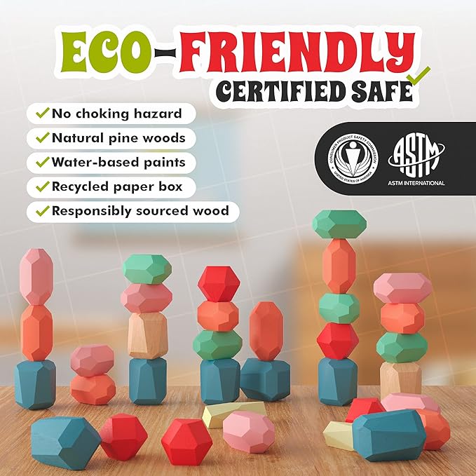 36 Pcs Wooden Stacking Blocks – Montessori Toys for 1 2 3 4 5 6 Year Old Toddlers and Kids, XL Rocks, No Choking Hazard – Sensory STEM Building Stones, for Girls and Boys