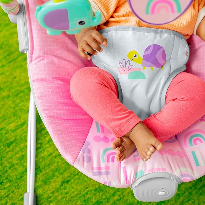 Bright Starts Pink Paradise Portable Baby Bouncer with Vibrating Infant Seat and -Toy Bar, Max Weight 20 lbs., Age 0-6 Months