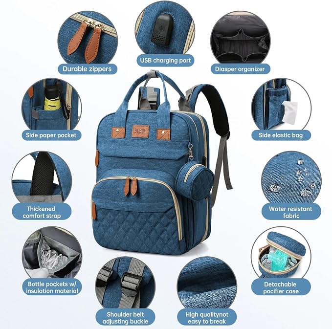 Diaper Bag Backpack – Large Waterproof Baby Bag with USB Charging Port, Changing Pad & Stroller Straps – Stylish, Durable & Hands-Free Travel Organizer for Moms & Dads (Dark Blue)
