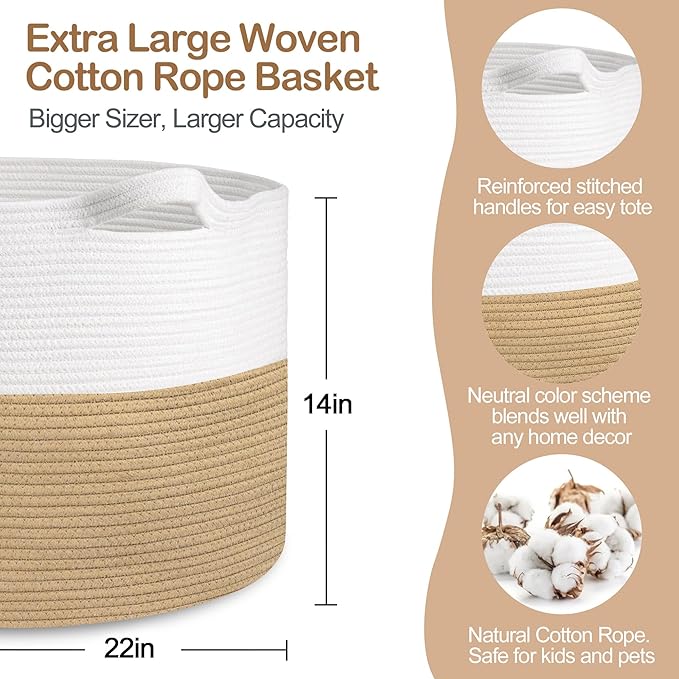 MEGASKET Extra Large Storage Basket, 22??x 22??x 14??Cotton Rope Bins for Storage, Wicker Baby Laundry Basket, Kids, Woven Kids Toy Bin Box, Decorative Baskets for Organizing Clothes, Towels, Blankets
