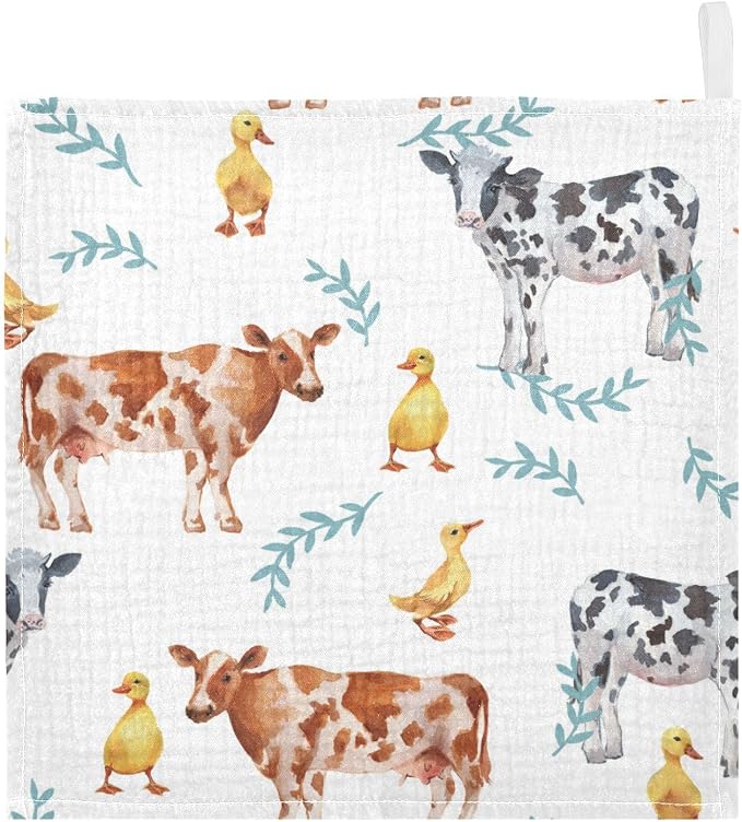 vvfelixl Baby Muslin Washcloths Farm Animals Cows Duckling Baby Burp Cloths Cotton Baby Face Towel for Newborn Infants Boys Girls Soft and Absorbent 11.8 X 11.8 in, 3 Pack