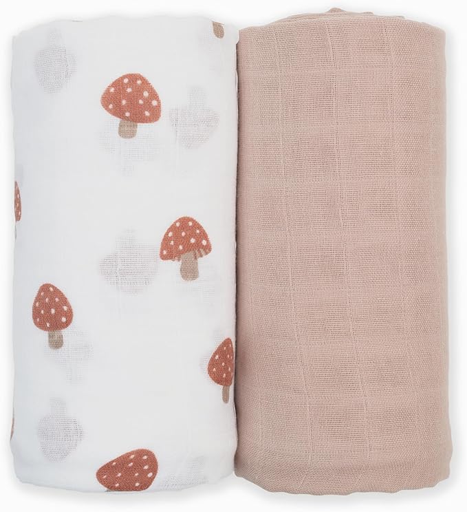 Lulujo Baby Swaddle Blankets | Unisex Softest Breathable Cotton Muslin Swaddle Blanket Set | Neutral Receiving Blanket for Girls & Boys | 40in x 40in | Mushroom & Sand | 2-Count
