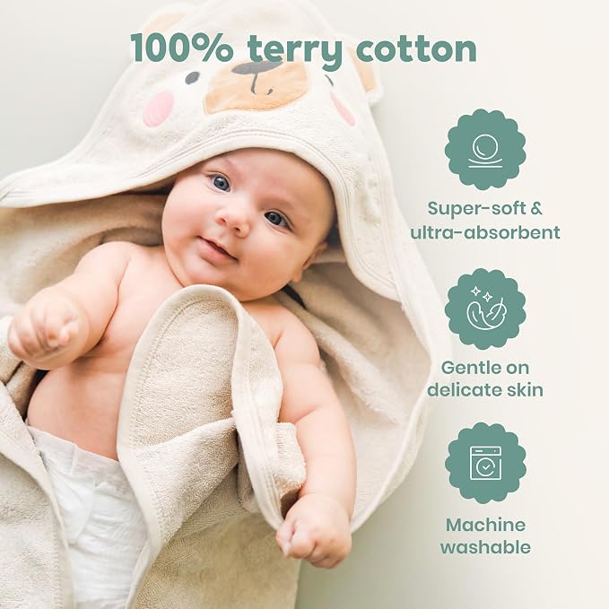 CuddleBug Hooded Baby Bath Towel & Washcloth Set (Bear) - 100% Cotton Terrycloth Hooded Baby Towels for Newborn & Toddler - Super-Soft & Absorbent, Newborn Essentials (33" x 33") - Honey Beige