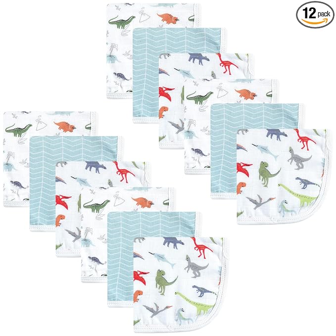 Hudson Baby Unisex Baby Cotton Muslin Washcloths, Dino, 10x10 in