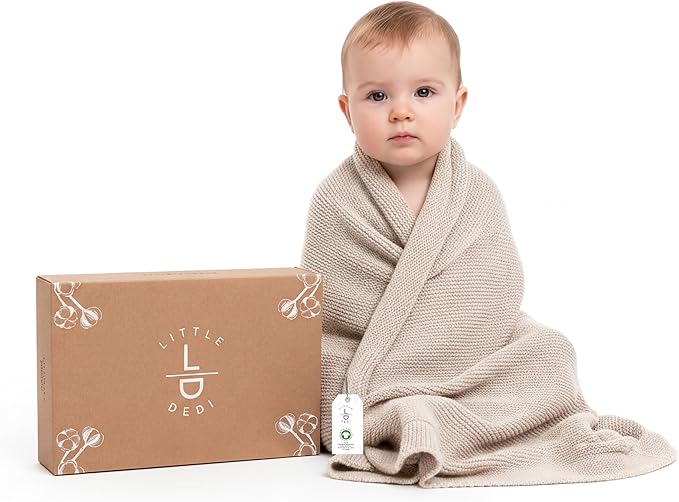 100% Organic Cotton Baby Knitted Blanket with Gift Box - Soft Toddler, Crib, Stroller Blanket - Neutral Swaddle and Receiving Blanket for Newborns, 30"x40", Stone