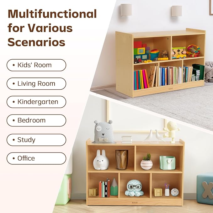 Bateso Toy Storage Organizer for Kids Room, Wooden Kids Bookshelf for Classroom, Cube Storage Organizer for Playroom, 5-Section Montessori Bookshelf & Toy Shelf for Nursery