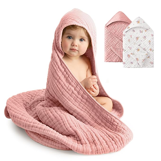 Baby Girl Bath Towels, 100% Muslin Cotton Hooded Baby Towels for Newborn, 2 Pack Baby Towels with Hood for Infant Toddler and Kids, Large 32x32Inch Essentials, Soft and Absorbent Pink Flower