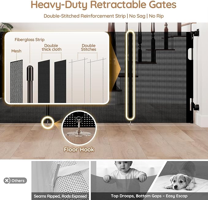 Miumoon One-Hand Operation Retractable Baby Gates, 200 inch Retractable Gate with Reinforced Strip Design to Prevent Crawling Through, 16 FT Outdoor Retractable Gates Extra Wide for Garage